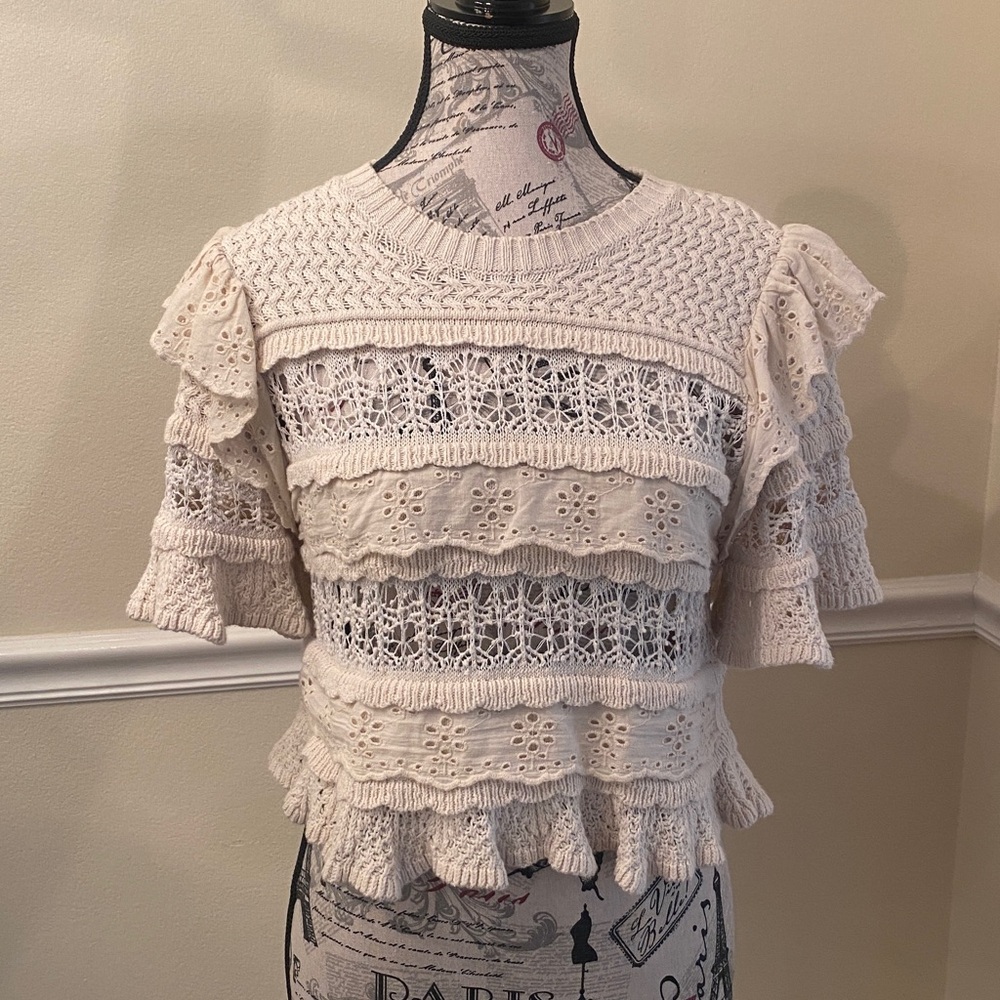 Zara Cream Lace Crochet Ruffle Boho Top Small - Picture 3 of 9